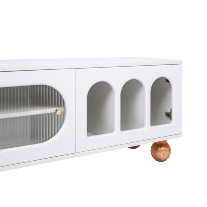 Modern TV Stand Media Console with Sliding Glass Doors & Open Arched Shelves - Heavy-Duty Metal Construction, Golden-Toned Legs - Living Room Furniture Centerpiece for Flat-Screen TVs - Easy Assembly Required