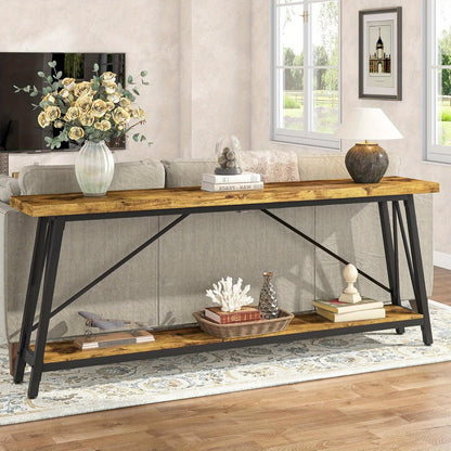 Sofa Tafel – Bijzettafel – Sidetable – Console Tafel – Haltafel – Extra Lang 180 cm – Industrieel Rustiek Bruin – Metalen Frame & Houten Blad – Ruimtebesparend Ontwerp