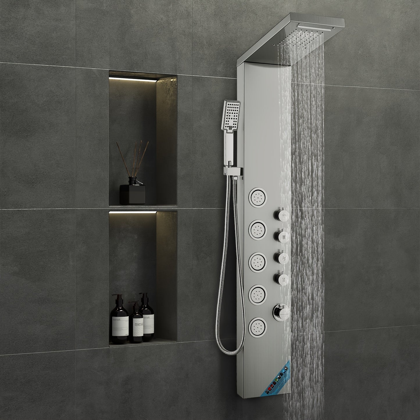 Doucheset – Douchepaneel – Douchekolom – Regendouche – Handdouche – Roestvrij Staal – 4 Douchestanden & 5 Massagejets – Wandmontage 150 cm