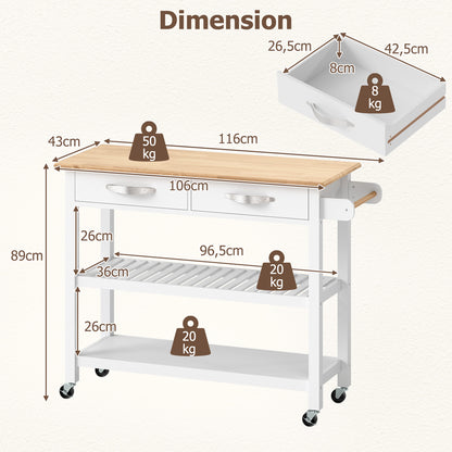 Keukentrolley – Keukenkast – Serveerwagen – Opbergtrolley – Trolley op Wieltjes – Houten Werkblad 116x43 cm – 2 Lades en 2 Open Planken – Verrijdbaar met Remmen