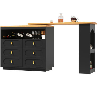 Extendable Bar Table with 360° Rotating Base & Storage Shelf - Heavy-Duty Metal Modern Black Adjustable Length 138-203cm (55"-80") - Space-Saving Expandable Kitchen Island, Home Office Desk, Dining Table for Small Spaces - E