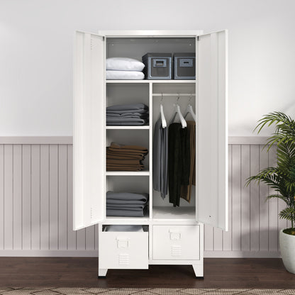 Stalen Kledingkast – Garderobekast – Kledingkast Met Laden – Opbergkast – Industrieel Design – Wit Gelakt Staal – 180 x 90 x 40 cm – Ruime Bergruimte – Stevige Constructie