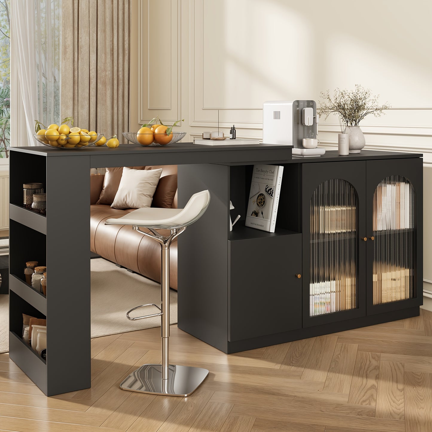 A 360-Degree Rotating Bar (Dimensions 120 X 40 X 97 Cm), Featuring a Sleek Modern Design with Black Rotating Dining And Bar Cabinets, Offering Multifunctional Storage Equipped with Glass Doors.