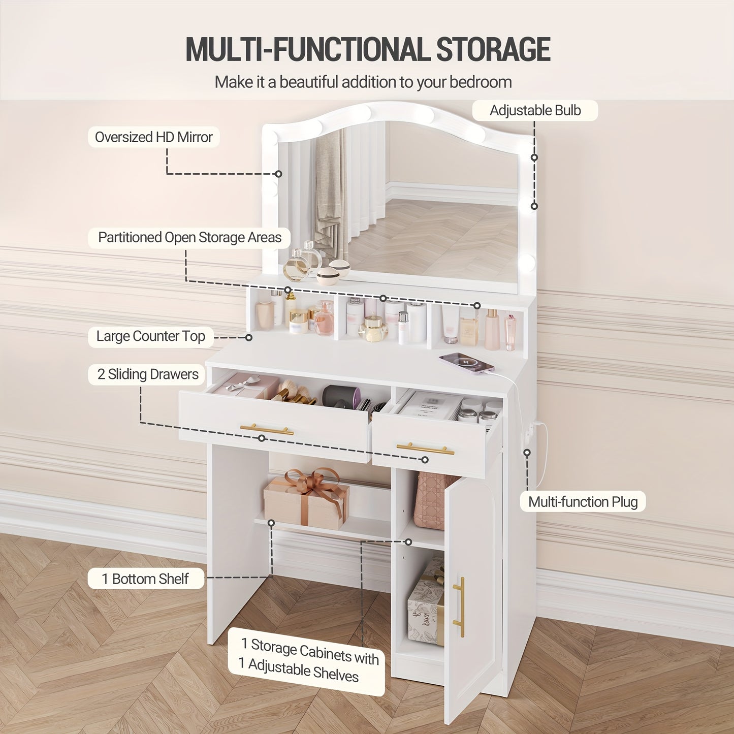 Kaptafel – Make-up Tafel – Cosmeticatafel – Vanity – Opmaaktafel – Wit met Gouden Accenten – Grote HD Spiegel – 2 Laden en Opbergkast