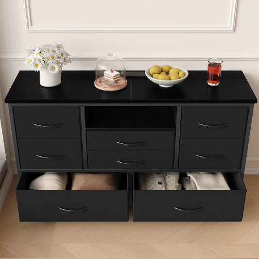 Ladekast – Ladenkast – Dressoir – Tv-meubel – 8 Lades Zwart Met Houtnerf – Geschikt Voor Tv Tot 139,7 Cm – MDF En Carbonstaal – Compact 120x37x75 Cm