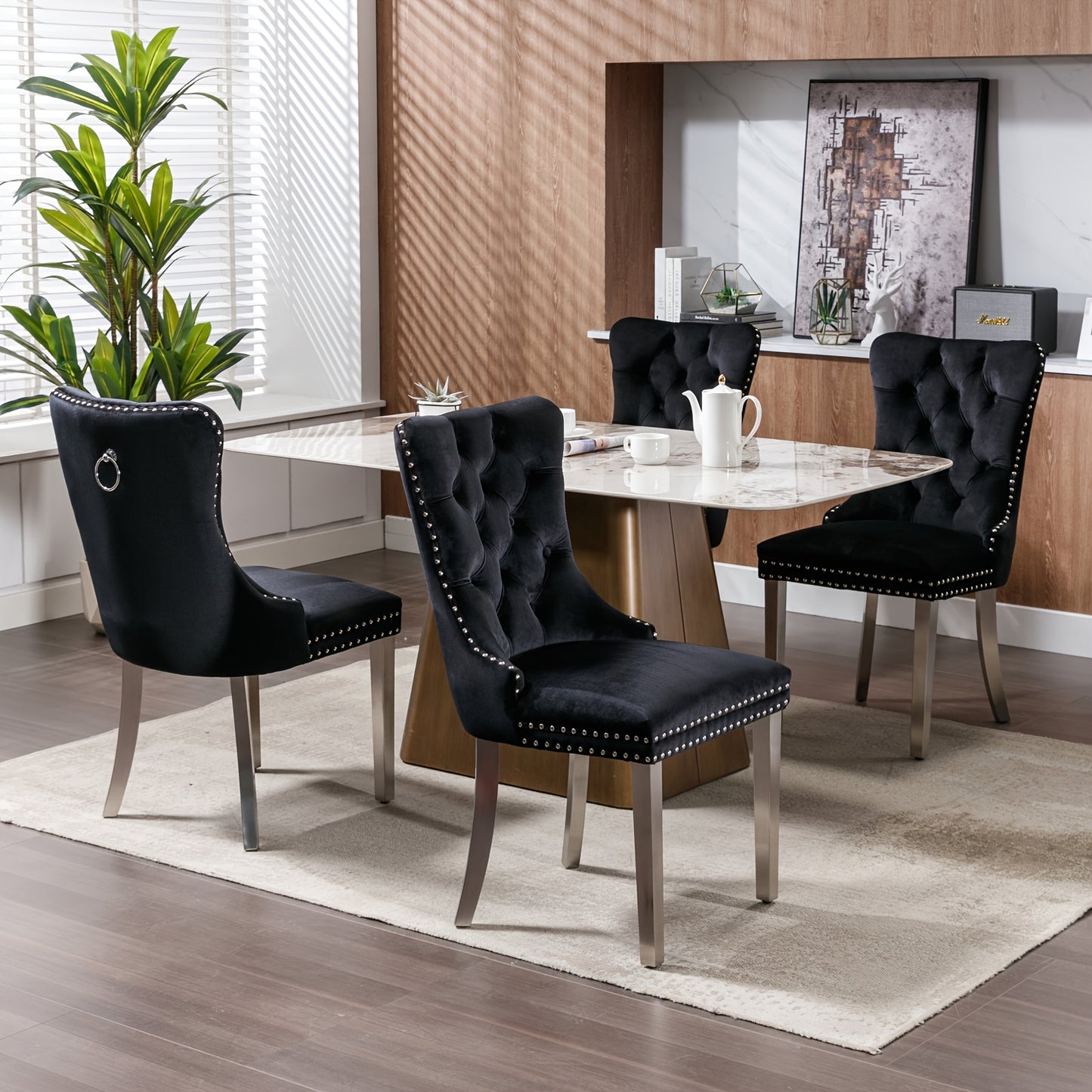 Set of 2 Modern Luxury Tufted Dining Chairs - Solid Wood Frame with Black Velvet Upholstery, Chrome Legs & Nailhead Trim, Plush Cushioned Seats with High Backrest & Curved Arms - Heavy-Duty Contemporary Design for Elegant Din