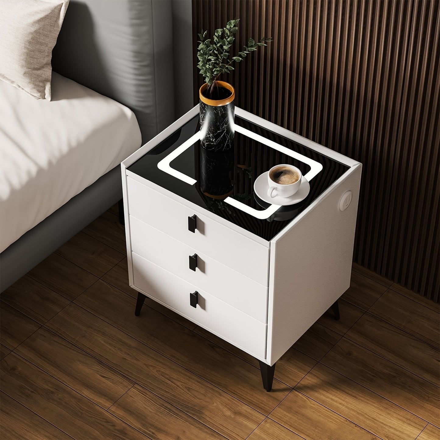 Nachtkastje – Bedside Table – Nachtkast – Bedtafeltje – Nachtkastje Met 2 Lades – Instelbare LED-Verlichting – USB Oplaadpoort – Zwart-Wit Houtlook