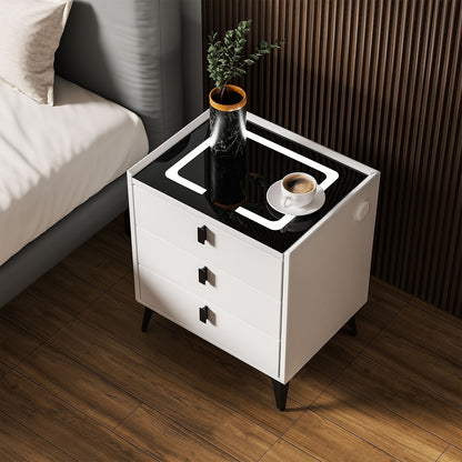 Nachtkastje – Bedside Table – Nachtkast – Bedtafeltje – Nachtkastje Met 2 Lades – Instelbare LED-Verlichting – USB Oplaadpoort – Zwart-Wit Houtlook