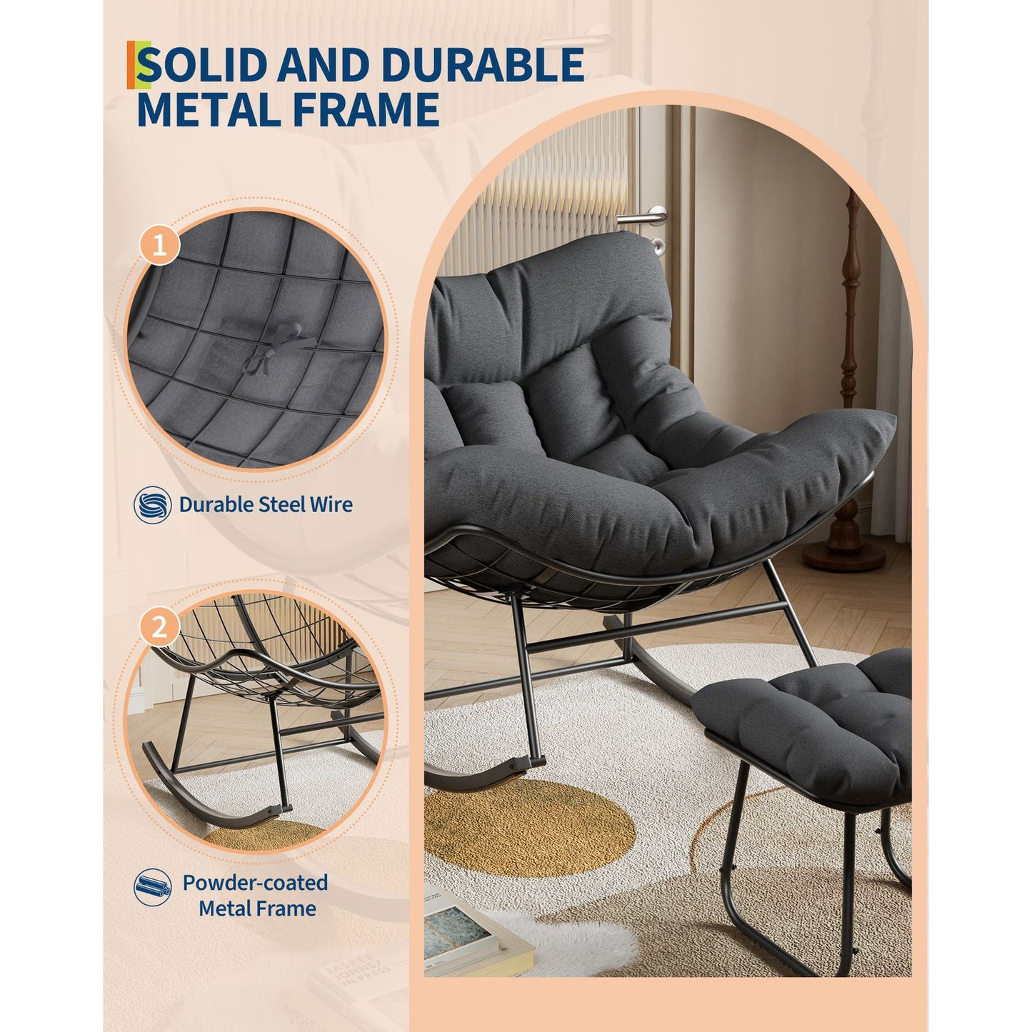 Grand Patio Outdoor Rocking Chair with Footstool | Modern Iron Frame, Polished Finish, Comfort Cushion, Spot-clean Care, Ideal for Balcony, Patio, Porch