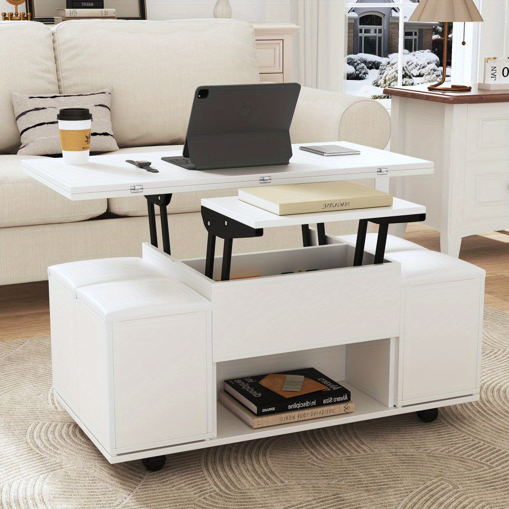 Salontafel – Koffietafel – Bijzettafel – Eettafel – Werktafel – Wit – Liftbaar Tafelblad – Ruime Opbergruimte