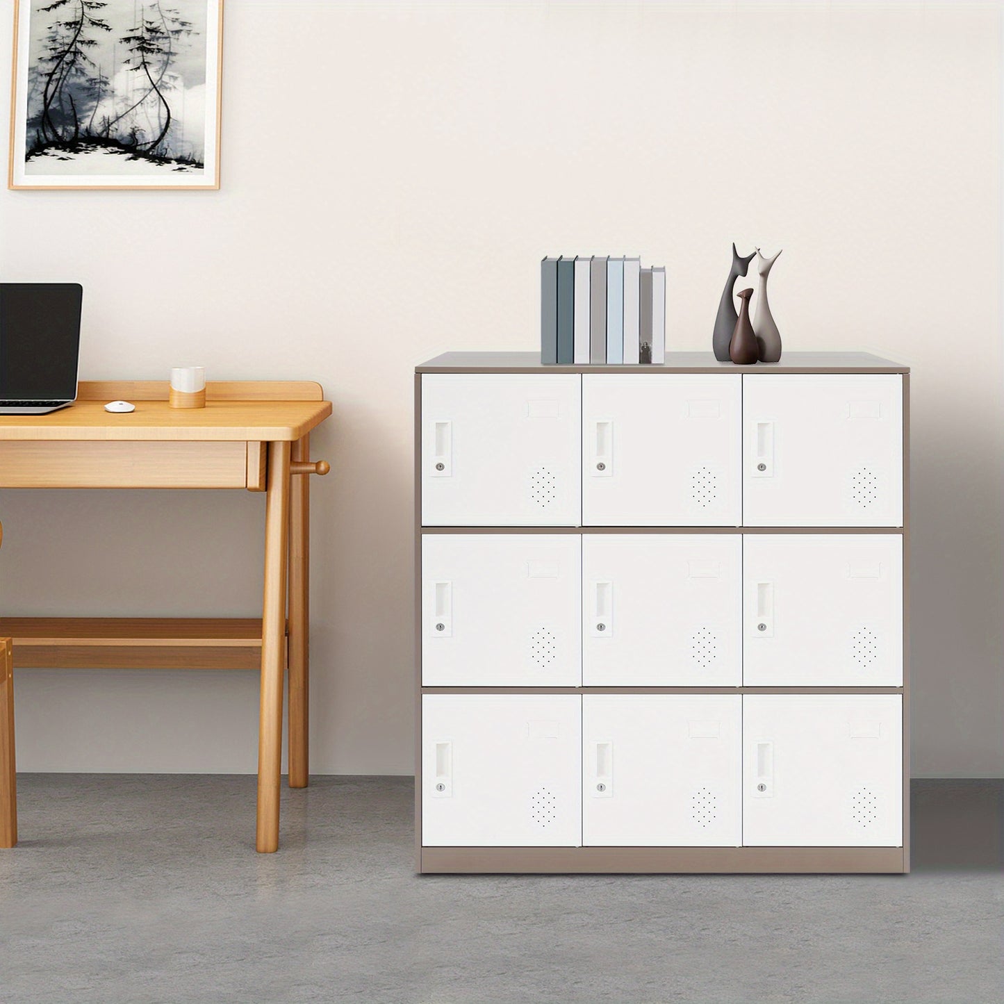 9-Door Heavy-Duty Lockable Metal Storage Cabinet with Card Slots & Key Lock - Modern Floor-Standing Office Cabinet with 9 Individual Compartments, 74.84KG/Shelf Capacity, Easy Assembly for Home Office, School, Business - Cont