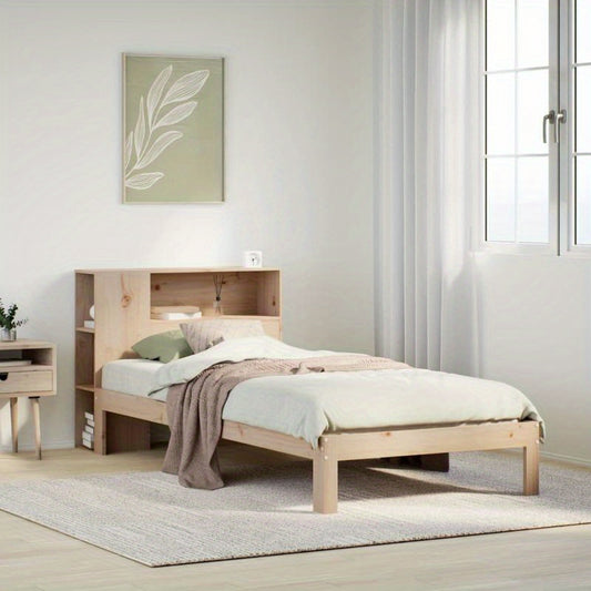 Bed Frame with Bookcase Headboard - Space-Saving Study Bed, Sturdy Pine Wood Construction, Easy Assembly, Modern Minimalist Design for Small Bedrooms, Home Office, Dorm - 75x190cm (29.5x74.8 Inches) - No Mattress Included, Bedroom Space Saver, Integrated