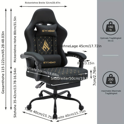 Gamingstoel – Bureaustoel – Computestoel – Videospelstoel – Ergonomische Draaistoel – Verstelbare Voetensteun – Memoryfoam Zitting – Lendensteun – Zwart
