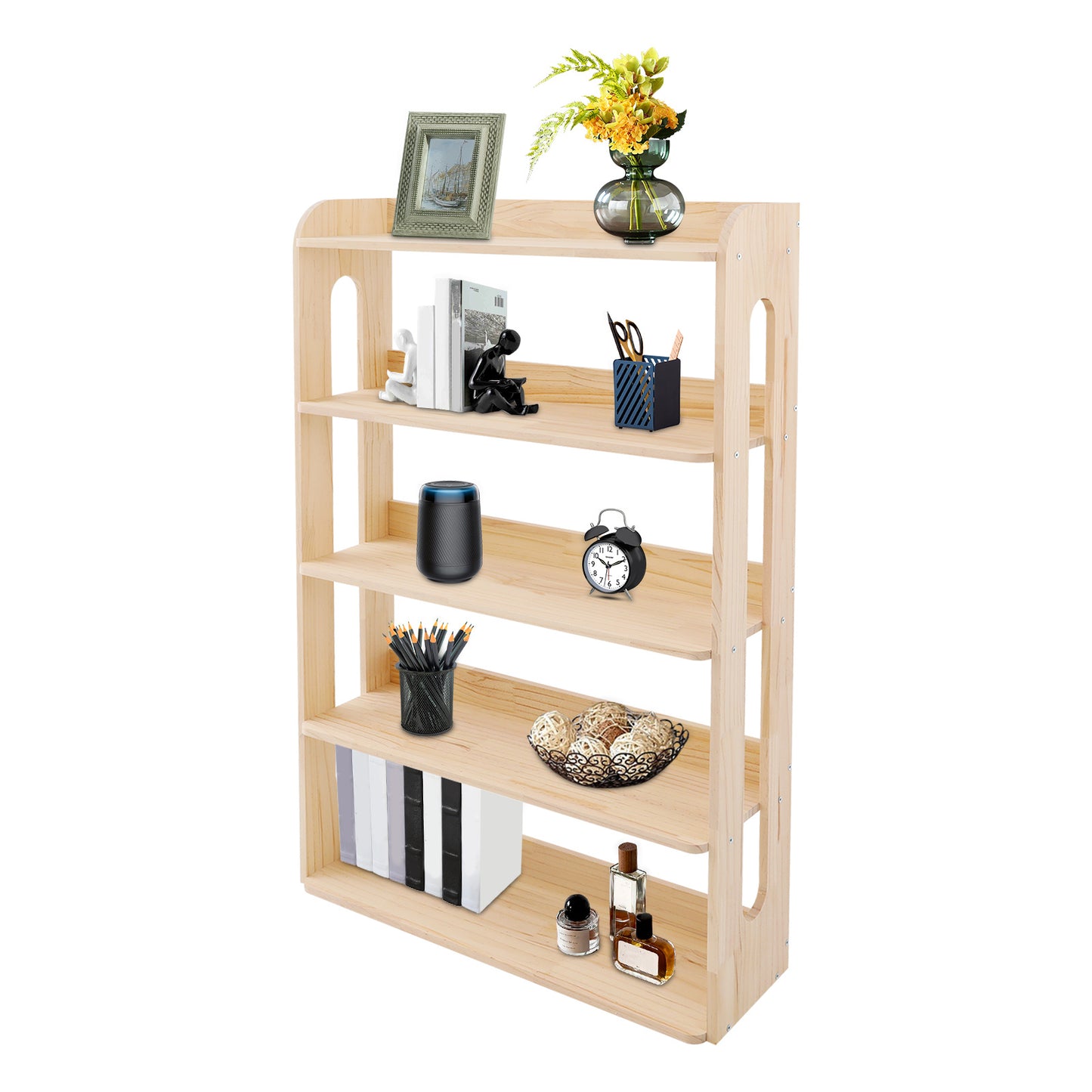 Boekenkast – Boekplank – Opbergkast – Boekrek – Boekstelling – 5-Laags – Onbehandeld Dennenhout – 80x26x130 cm – Ruimtebesparend Design