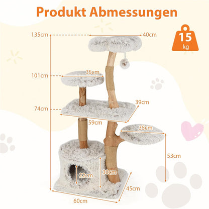 Krabpaal Kat – Krabboom Katten – Kattenmeubel – Klimpaal Kat – Kattenboom – 135 cm Hoog – Massief Houten Frame Met Jute Krabposts – Zacht Plush Zitgedeelte Wit