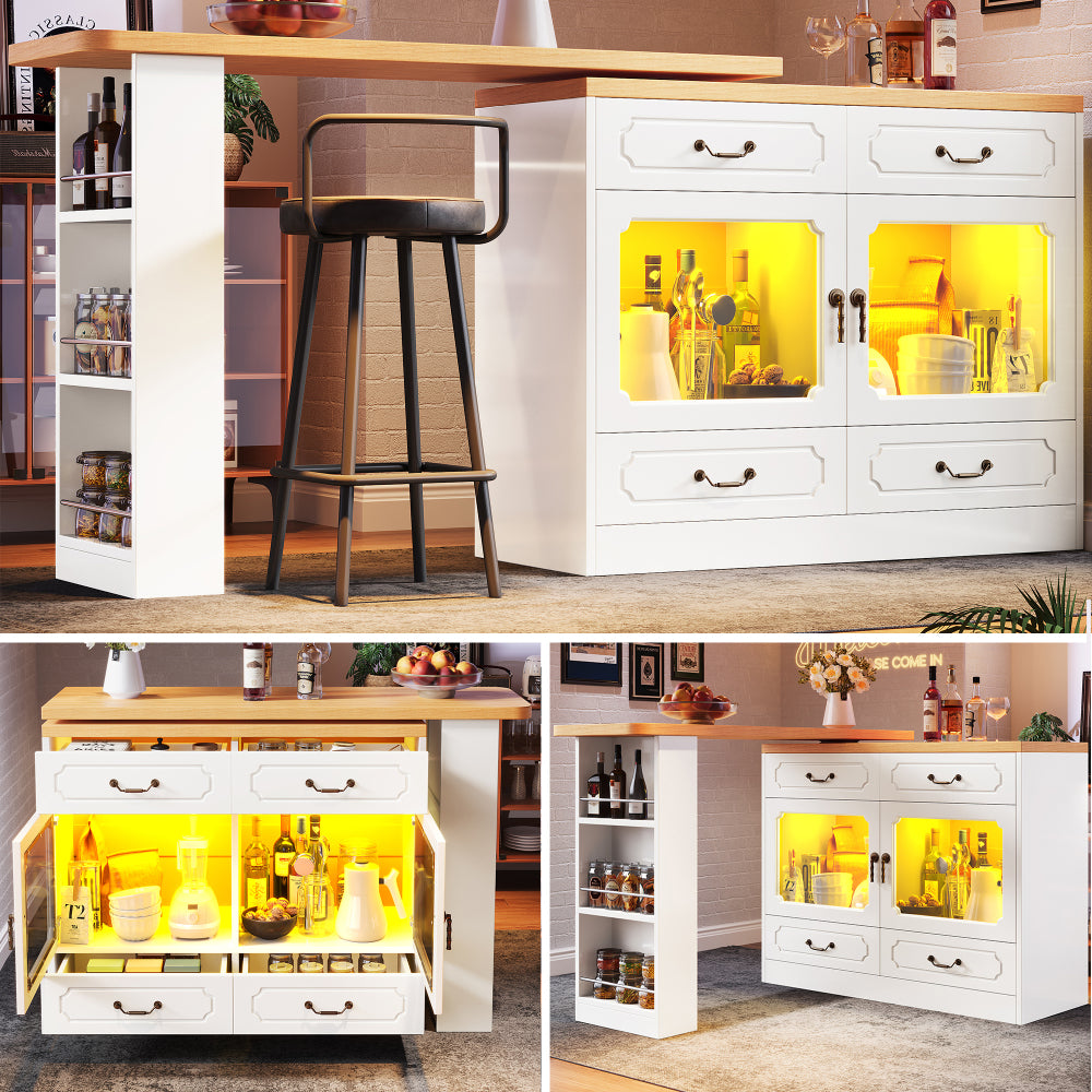 Uitschuifbare Bartafel – Barmeubel – Hoogtafel – Drinktafel – Bistrotafel – 360° Draaibaar Blad – Ruime Opbergruimte – Modern Wit Metaal & Glas – Compact & Verstelbaar 135-203 cm