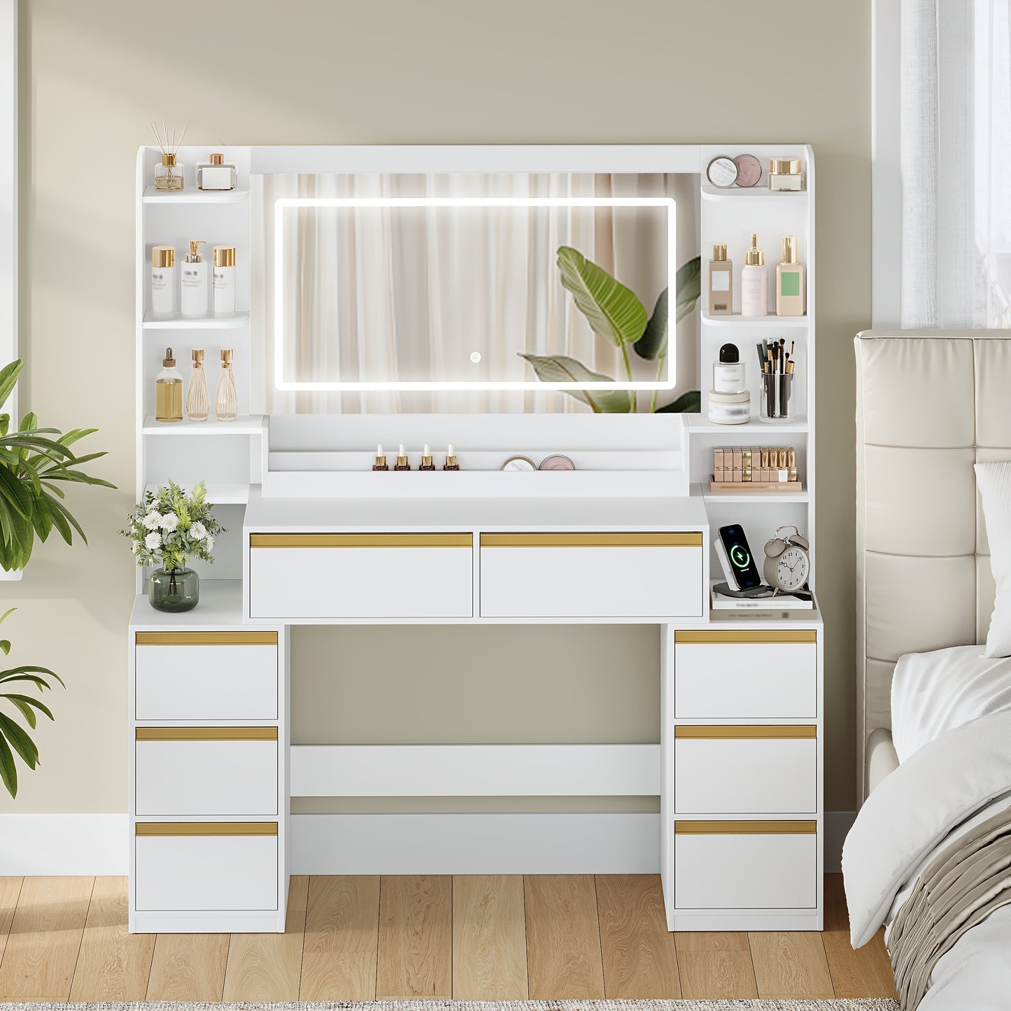 Kaptafel – Make-up Tafel – Opmaaktafel – Beautytafel – Cosmeticatafel – Grote Spiegel – Haardrogerhouder – 8 Lades – Hout – Modern Wit – 135x40x145 cm