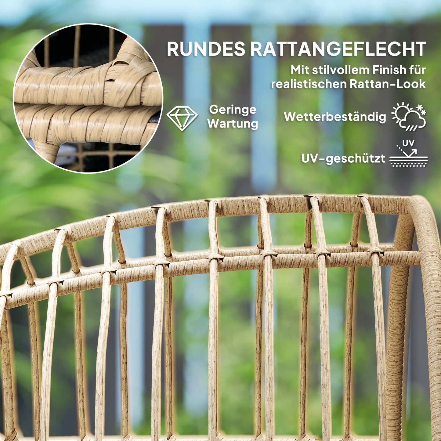 Rotan Ei-Stoel – Rattan Stoel – Tuinstoel – Buitenzetel – Lounge Stoel – Beige – Handgevlochten Rotan – Afneembaar Gewatteerd Kussen – 95x80x155 cm