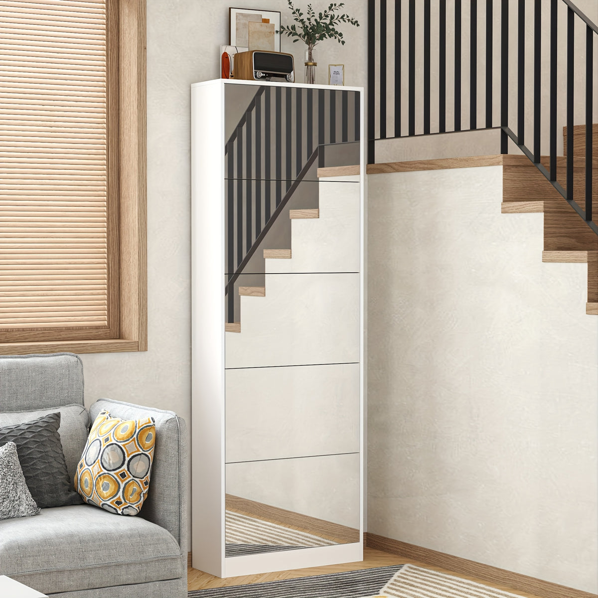 Shoe Storage Unit with a Full-Length Mirror, Featuring a Double Rack And Five Flip Drawers, Designed in White Wood for Organizing Shoes in Entryways, Hallways, And Corridors.