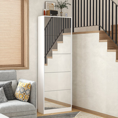 Shoe Storage Unit with a Full-Length Mirror, Featuring a Double Rack And Five Flip Drawers, Designed in White Wood for Organizing Shoes in Entryways, Hallways, And Corridors.