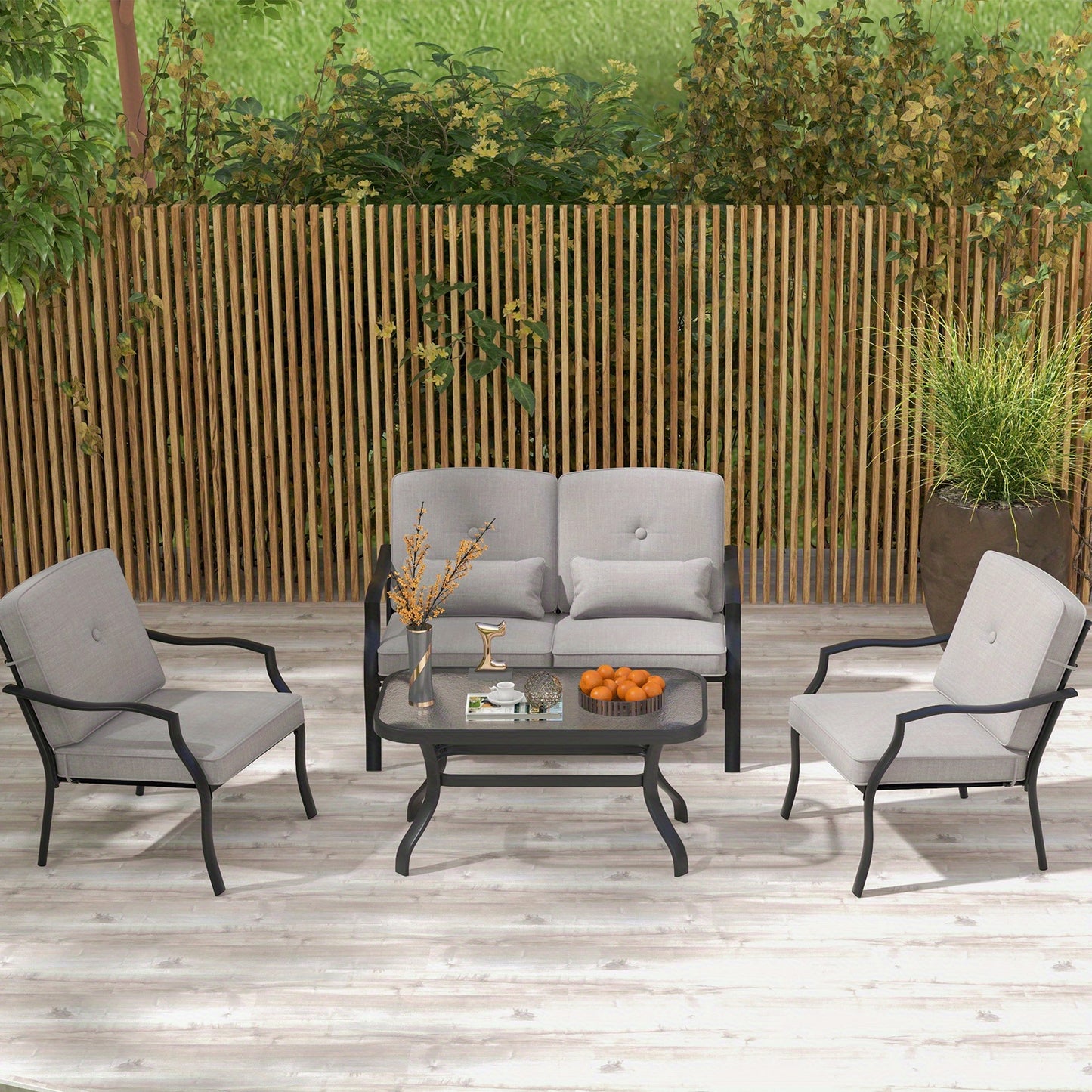 Tuinmeubelen – Loungeset – Loungesetbank – Tuinset – Balkonset – Met Zachte Kussens – Met Gehard Glas Tafelblad – Robuust Metalen Frame – Comfortabele Zit