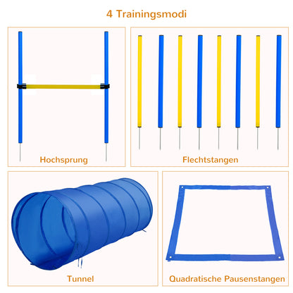 Agility Set Hond – Behendigheidstraining – Hindernissen – Slalomstok – Tunnel – Blauw-Geel – Verstelbare Spronghoogte – Lichtgewicht PE en Polyester