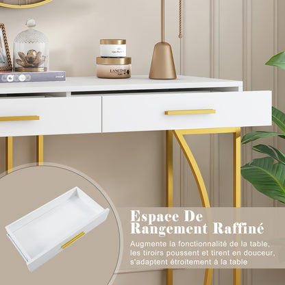 Sidetable – Consoletafel – Wandtafel – Haltafel – Bijzettafel – Modern – Met 2 Laden – Metaal Frame – Wit Met Gouden Poten – Compact 120x38x76 cm