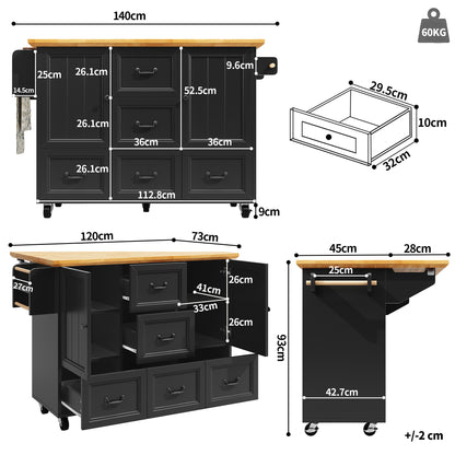 Keukeneiland – Keukenwagen – Kookeiland – Werktafel – Serveertafel – Zwart – Multifunctioneel Met Uitklapbaar Blad – Vijf Zwenkwielen Met Remmen