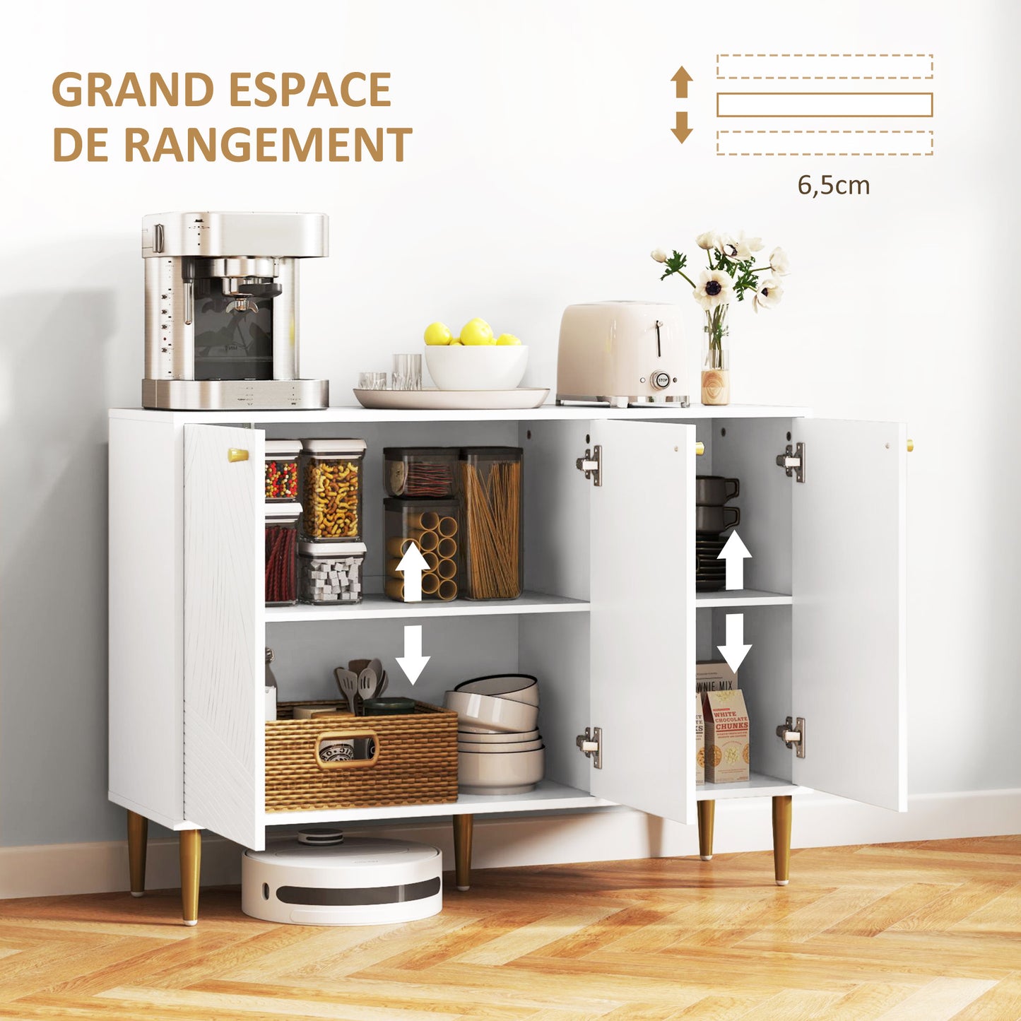 HOMCOM Buffet, Storage Furniture, with 2 Cabinets, 3 Carved Line Doors, Adjustable Shelves, Golden Steel Feet, White