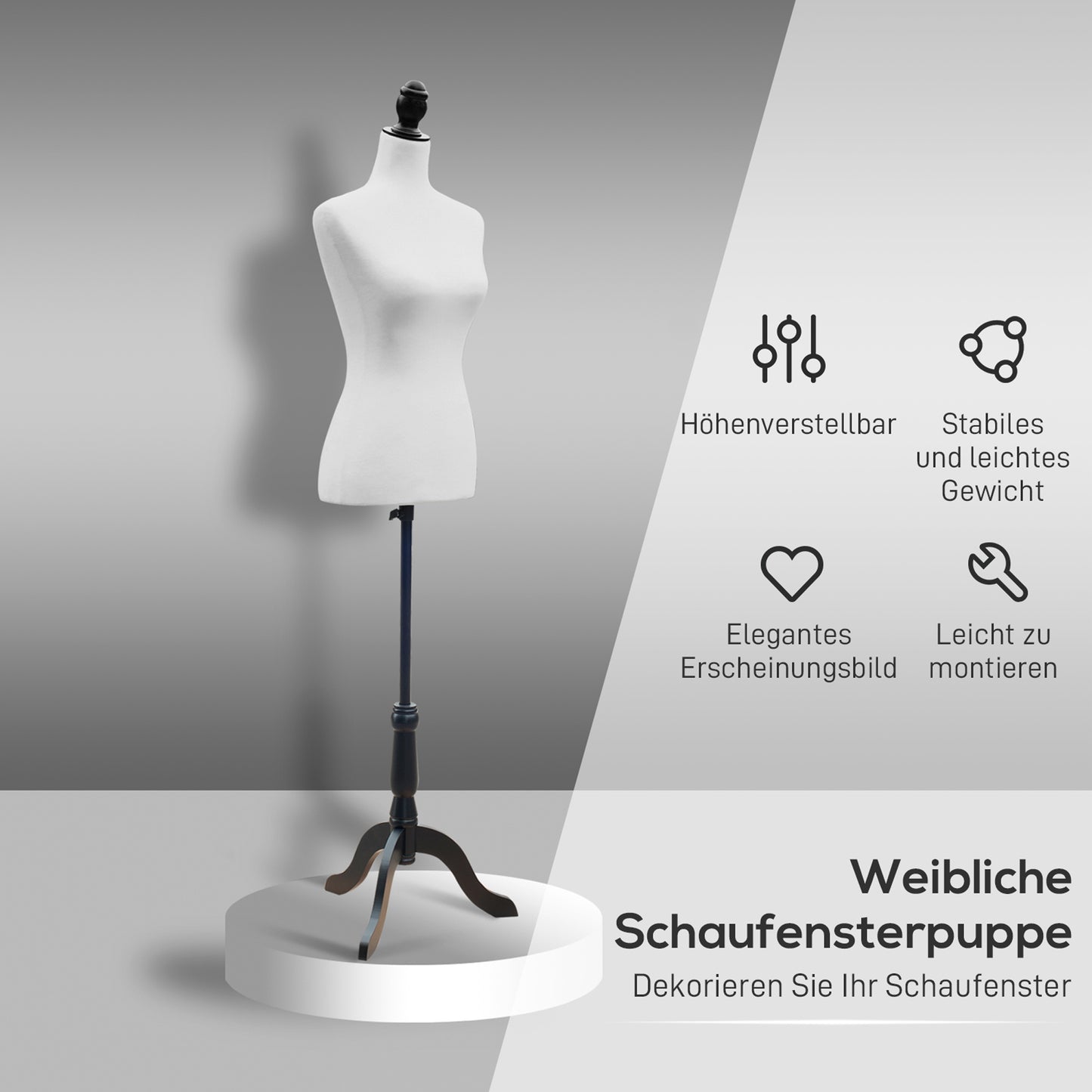 Mannequin Torso – Paspop – Kleding Dummy – Etalagepop – Dress Form – Verstelbare Hoogte 130-168 cm – Stabiele Driepoot Houten Basis – Wit