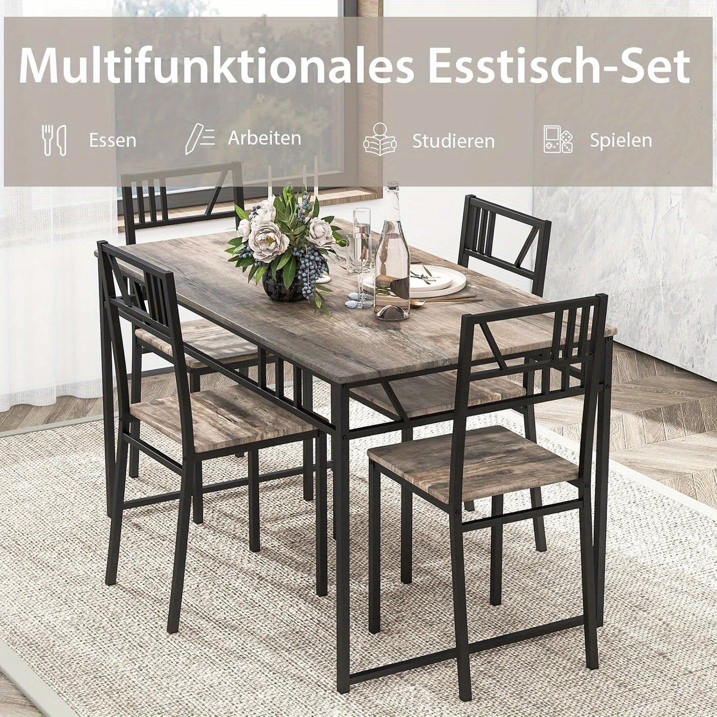 Eettafelset – Tafel en Stoelen – Eettafel – Keukentafel – Industrieel Meubel – Zwart – MDF Houtlook Tafelblad – Ergonomische Stoelen met Metalen Frame