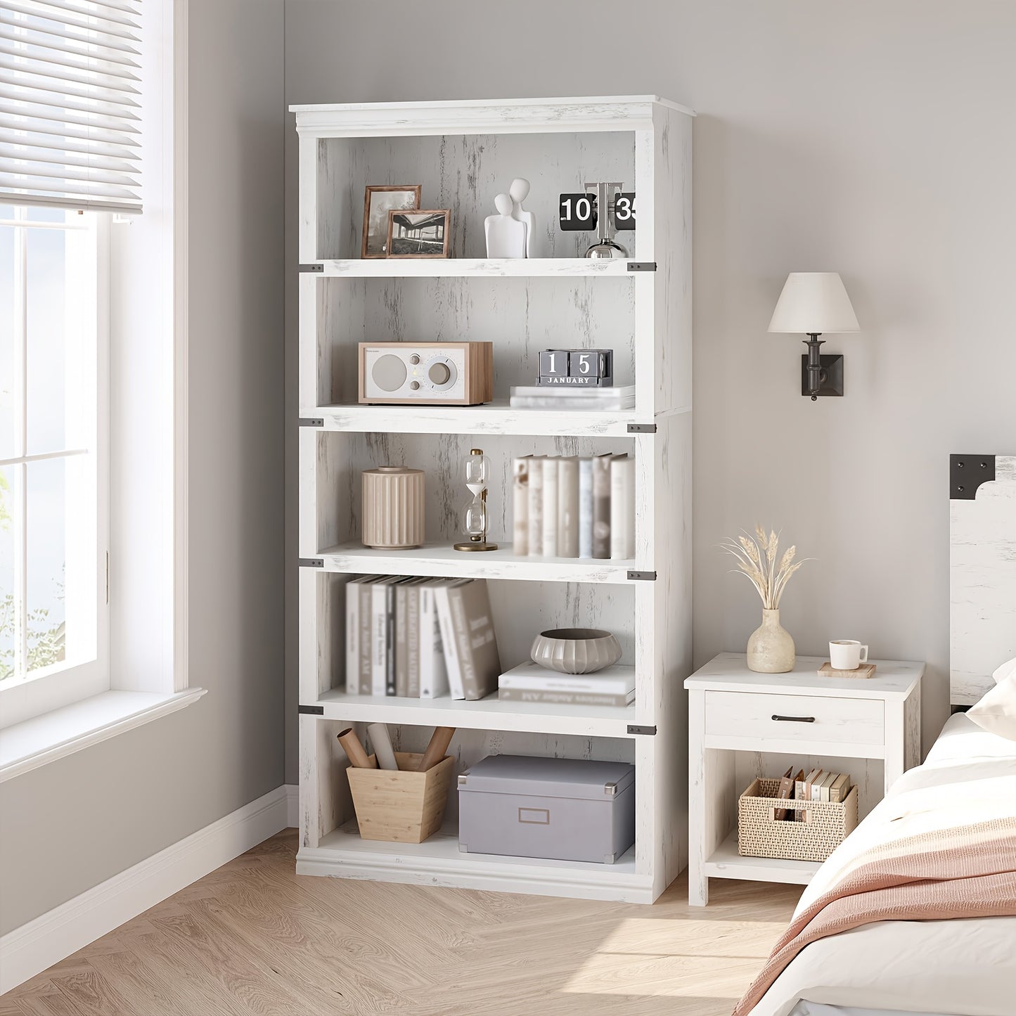 Farmhouse Book Shelf, 5 Tier Book Shelf for Display, 171.2cm Wooden Bookcase for Storage, 5 Shelf Display Shelvesfor Home Office, Living Room, Bed Room-Grey