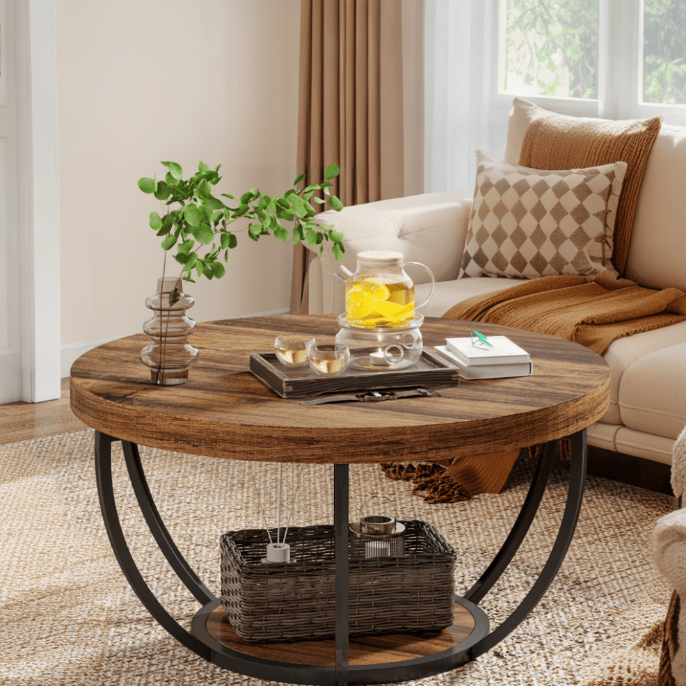 80.52 cm Rustic Modern Round Coffee Table with 2-Tier Storage - Sturdy Engineered Wood & Metal Frame, & Natural Wood-Look Finish, Space-Saving Design, Easy Assembly, Versatile Accent Center Table for Living Room, Office