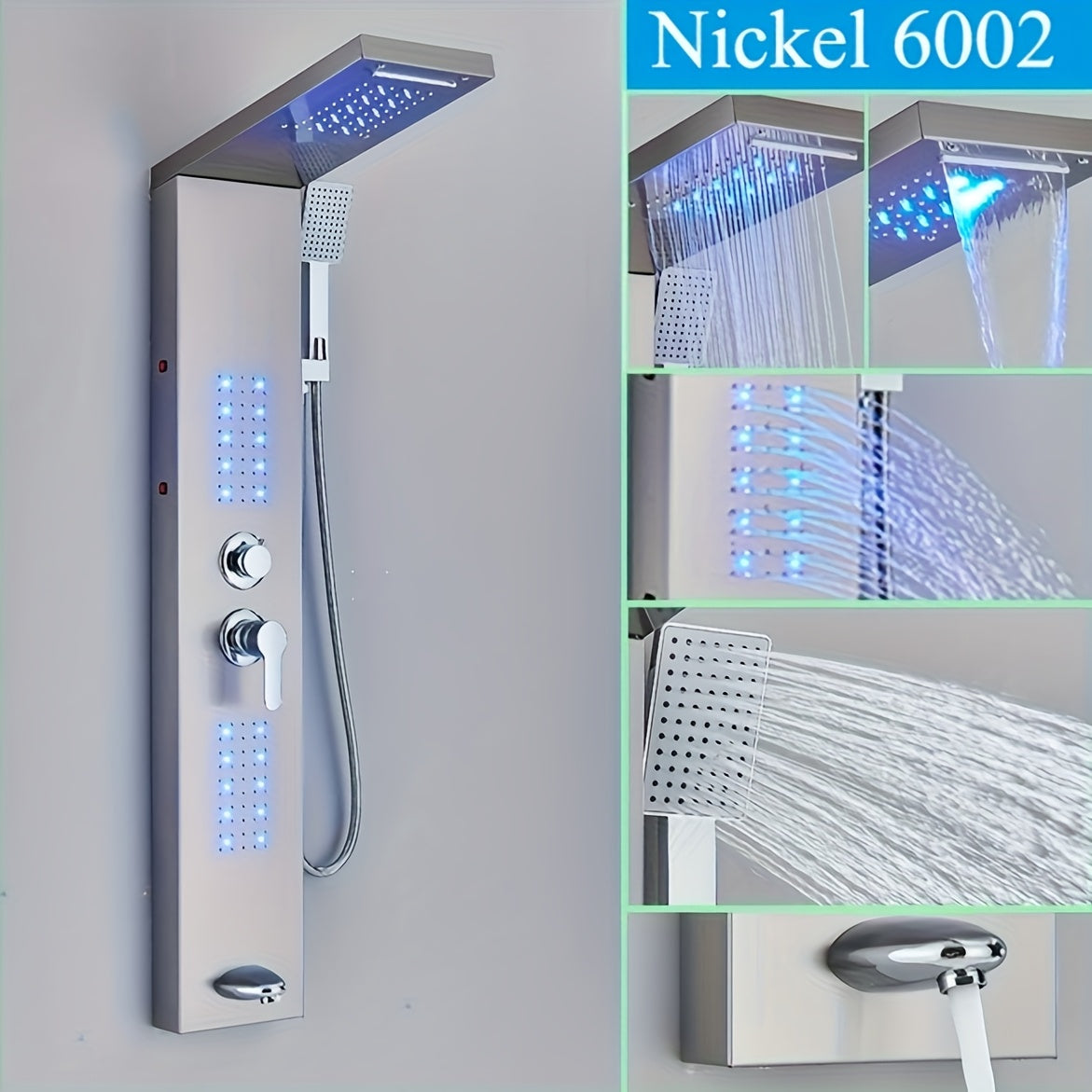 5-in-1 Stainless Steel Shower Panel Tower System with Rainfall Showerhead, Waterfall Spout, Handheld Shower & Tub Spout - High-Pressure Wall-Mounted Bath System, Matte Black Finish, Blue Backlit Controls, Easy Installation (N
