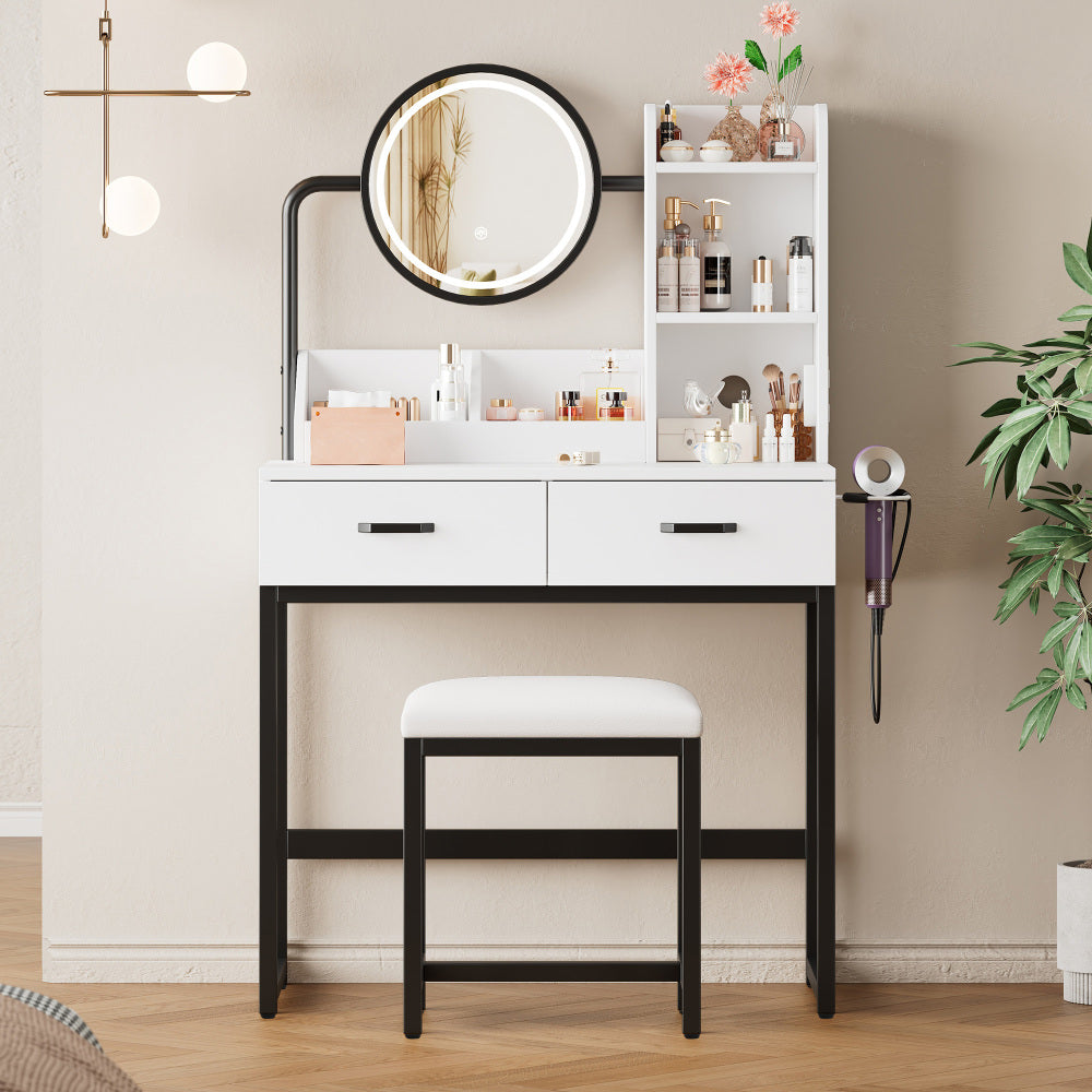 Make-up Tafel – Kaptafel – Schminktisch – Make-up Bureau – Vanity Set – Compact Formaat – Verstelbare Kruk Met Draaifunctie – Zwart Metalen Poten – 2 Lades & 2 Open Vakken – Kantelbare Spiegel – 80x138,5x40 cm