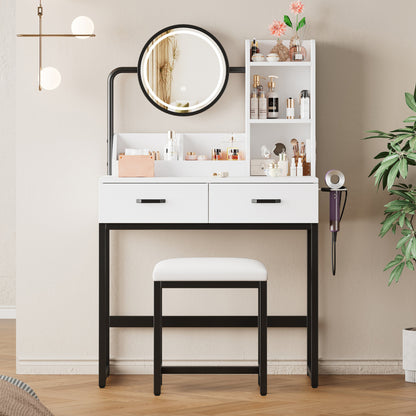 Make-up Tafel – Kaptafel – Schminktisch – Make-up Bureau – Vanity Set – Compact Formaat – Verstelbare Kruk Met Draaifunctie – Zwart Metalen Poten – 2 Lades & 2 Open Vakken – Kantelbare Spiegel – 80x138,5x40 cm