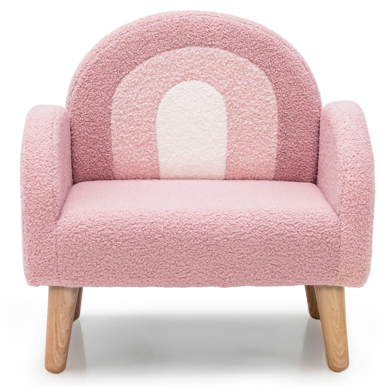 Kinderfauteuil – Kinderstoel – Kinderzetel – Peuterstoel – Peuterfauteuil – Teddy Velvet Bekleding – Stevige Massief Houten Poten – Ergonomisch Ontwerp – Voor Kinderen 3-5 Jaar – Roze Regenboog Design
