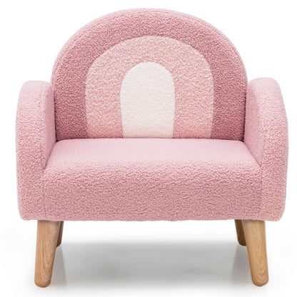 Kinderfauteuil – Kinderstoel – Kinderzetel – Peuterstoel – Peuterfauteuil – Teddy Velvet Bekleding – Stevige Massief Houten Poten – Ergonomisch Ontwerp – Voor Kinderen 3-5 Jaar – Roze Regenboog Design