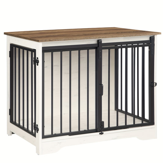 Hondenbench – Hondenkooi – Hondenkorf – Hondenhok – Hondenmand – Met Schuifdeuren – Geschikt Tot 100 Kg – Retro Wit – Multifunctioneel Meubel – 81x55x67,2 cm