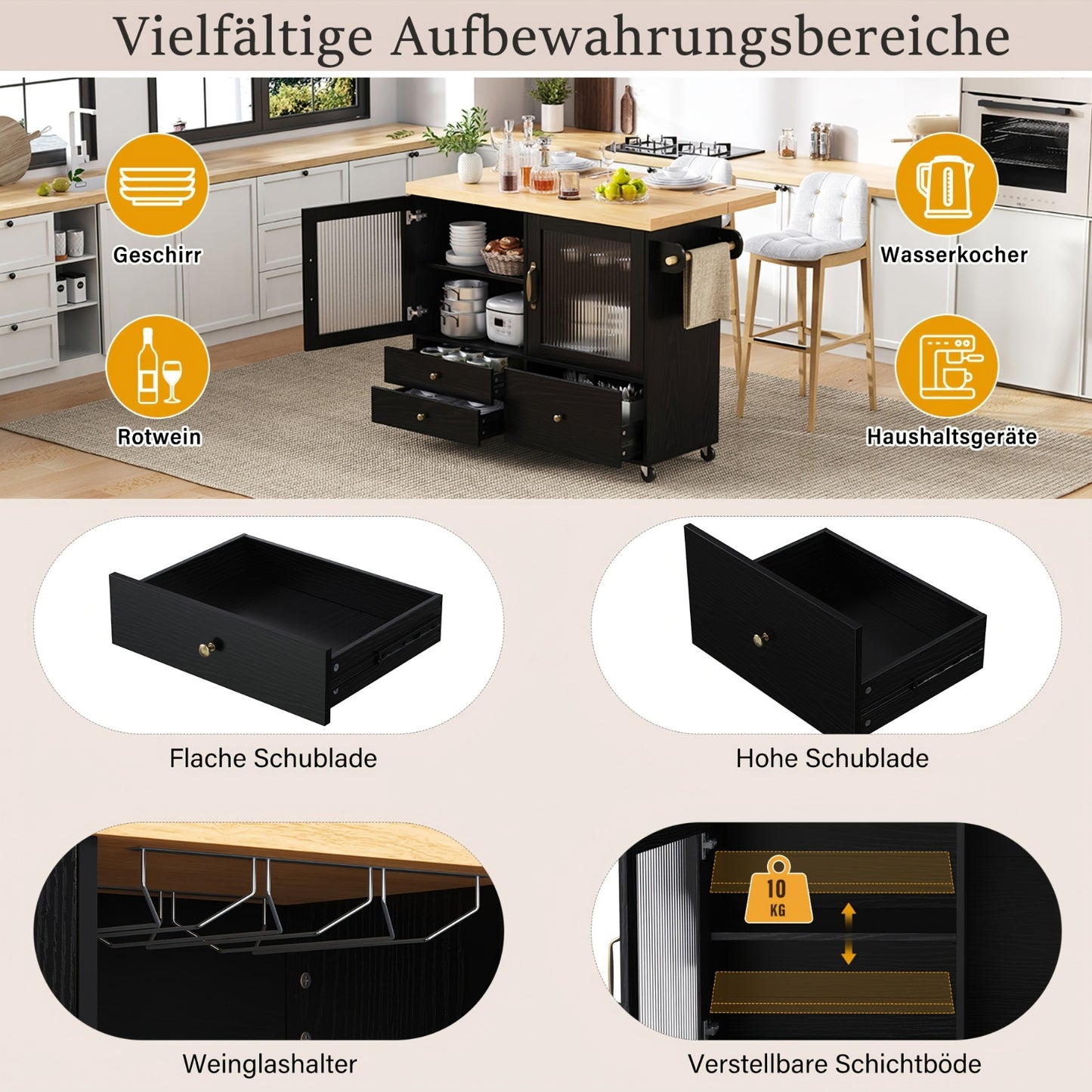 Mobiel Keukeneiland – Keukentrolley – Uitklapbare Tafel – Bartafel – Opbergmeubel – Zwenkwieltjes – Uitschuifbaar – Glazen Deuren