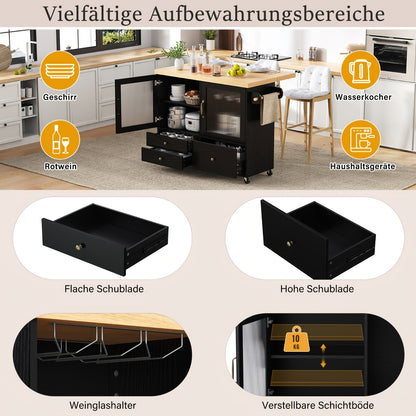 Mobiel Keukeneiland – Keukentrolley – Uitklapbare Tafel – Bartafel – Opbergmeubel – Zwenkwieltjes – Uitschuifbaar – Glazen Deuren