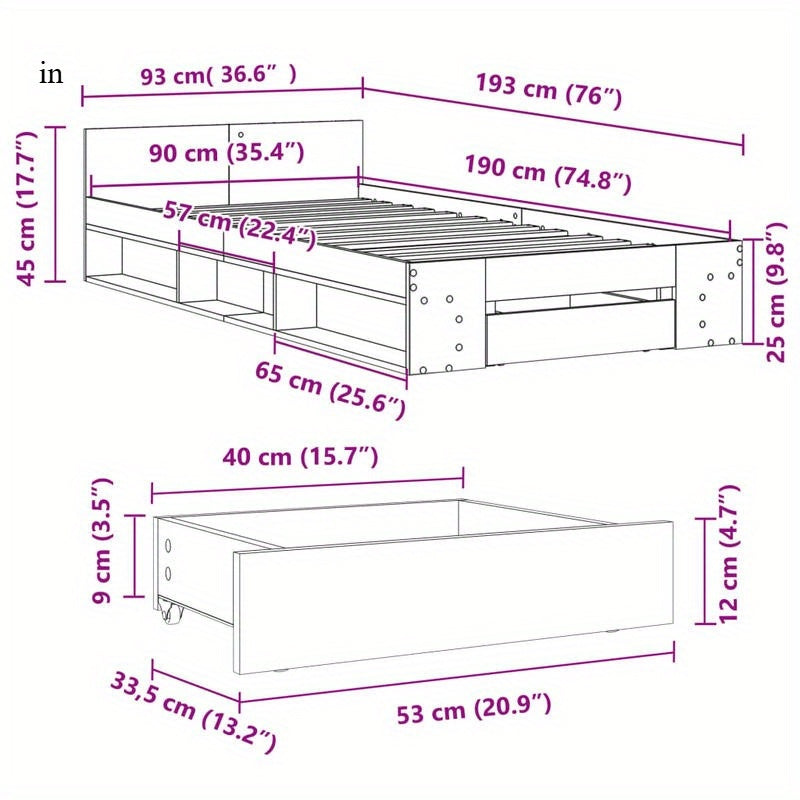Bed – Bedframe – Platformbed – Eenpersoonsbed – Opbergbed – Ingebouwde Opberglades – Ruimtebesparend Design – Sonoma Eiken Afwerking – Geschikt Voor Matras 90x190 cm