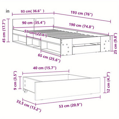 Bed – Bedframe – Platformbed – Eenpersoonsbed – Opbergbed – Ingebouwde Opberglades – Ruimtebesparend Design – Sonoma Eiken Afwerking – Geschikt Voor Matras 90x190 cm