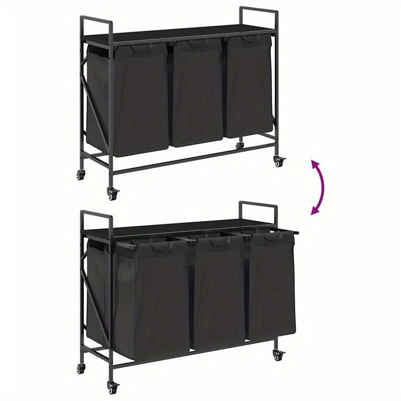 3-Vaks Wasmand – Wasmand Met Wieltjes – Wasbak – Beddengoedmand – Wascontainer – Matzwart – Stevig Metalen Frame – Mobiel En Compact