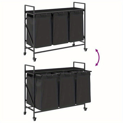 3-Vaks Wasmand – Wasmand Met Wieltjes – Wasbak – Beddengoedmand – Wascontainer – Matzwart – Stevig Metalen Frame – Mobiel En Compact