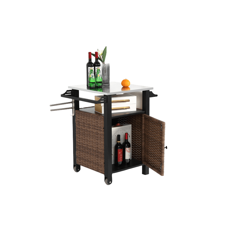 Serveerwagen – Mobiele Barwagen – Barkeep Trolley – Tuinwagen – Keukenwagen – Bruin Rattan Met Roestvrij Stalen Uitschuifbaar Werkblad – Weerbestendig Stalen Frame Met Wieltjes