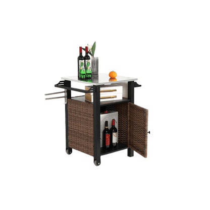 Serveerwagen – Mobiele Barwagen – Barkeep Trolley – Tuinwagen – Keukenwagen – Bruin Rattan Met Roestvrij Stalen Uitschuifbaar Werkblad – Weerbestendig Stalen Frame Met Wieltjes