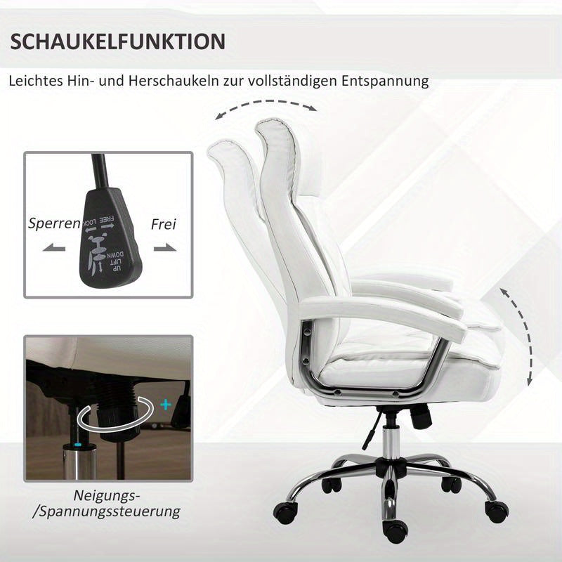 Bureaustoel – Ergonomische Stoel – Kantoormeubilair – Bureaustoel Met Wielen – Draaistoel – Verstelbare Zithoogte – Kantelfunctie – Witte Kunstleren Bekleding – Stevige Vijfwielbasis