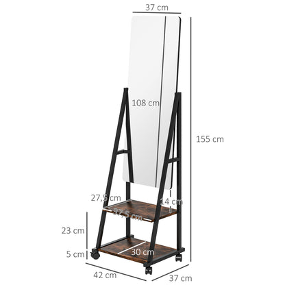 Staande Spiegel – Vloerspiegel – Rechthoekige Spiegel – Vintage Spiegel – Vrijstaande Spiegel – Verstelbare Kijkhoek – Met 2 Opbergrekken – Rustic Brown & Zwarte Accenten – 155 cm Hoog