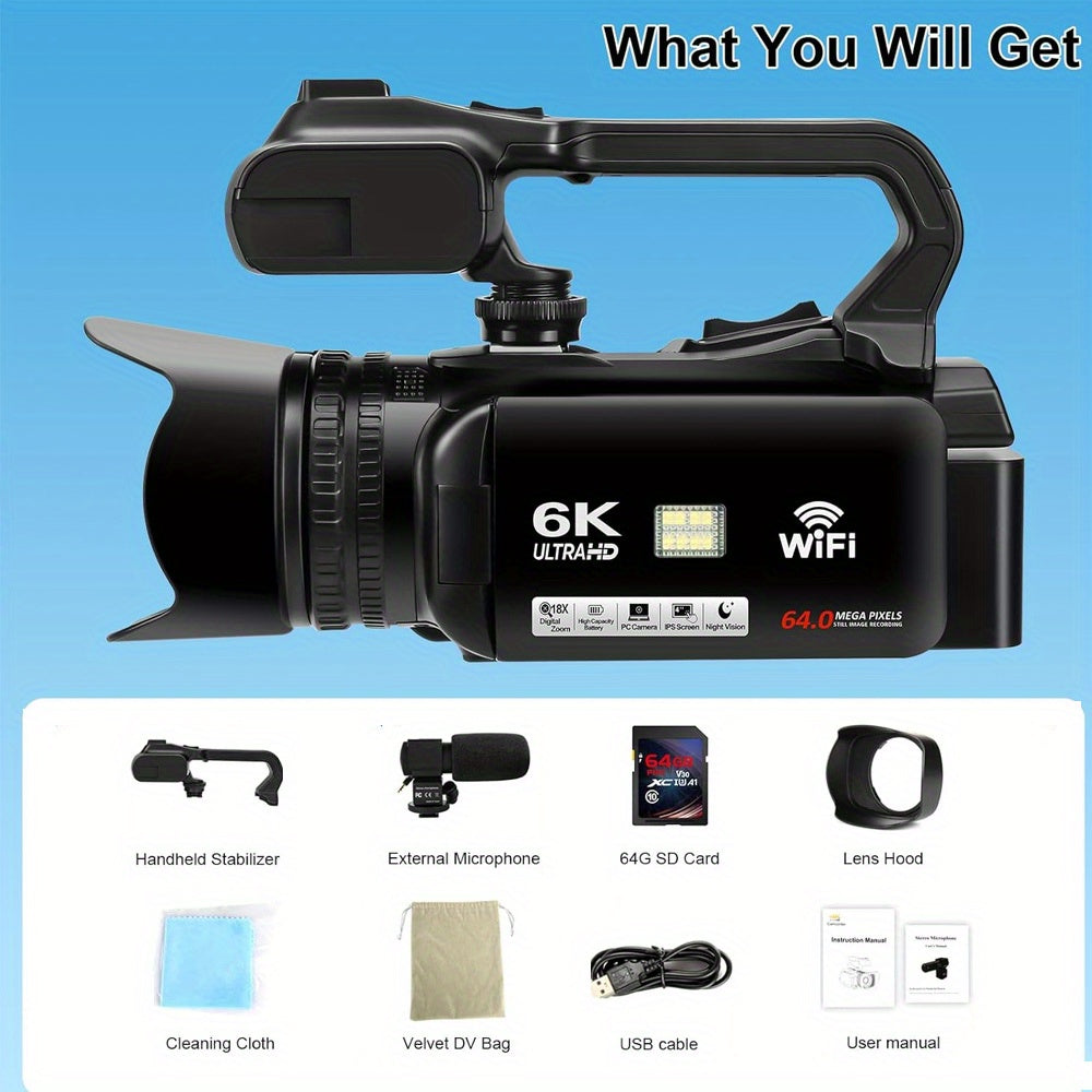 Vlogcamera – Compactcamera – Videocamera – Fotocamera – Vlogging Camera – 6K Ultra HD Video – Nachtzicht & 18x Digitale Zoom – 64MP – Touchscreen – Wifi – Inclusief Microfoon & Afstandsbediening – Zwart